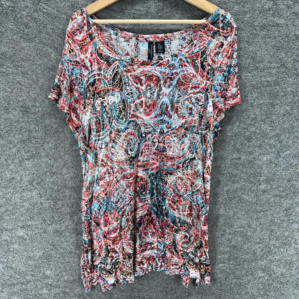 Cynthia Rowley T-Shirt Women 2X Plus Blue Geometric Short Sleeve Rayon Casual
